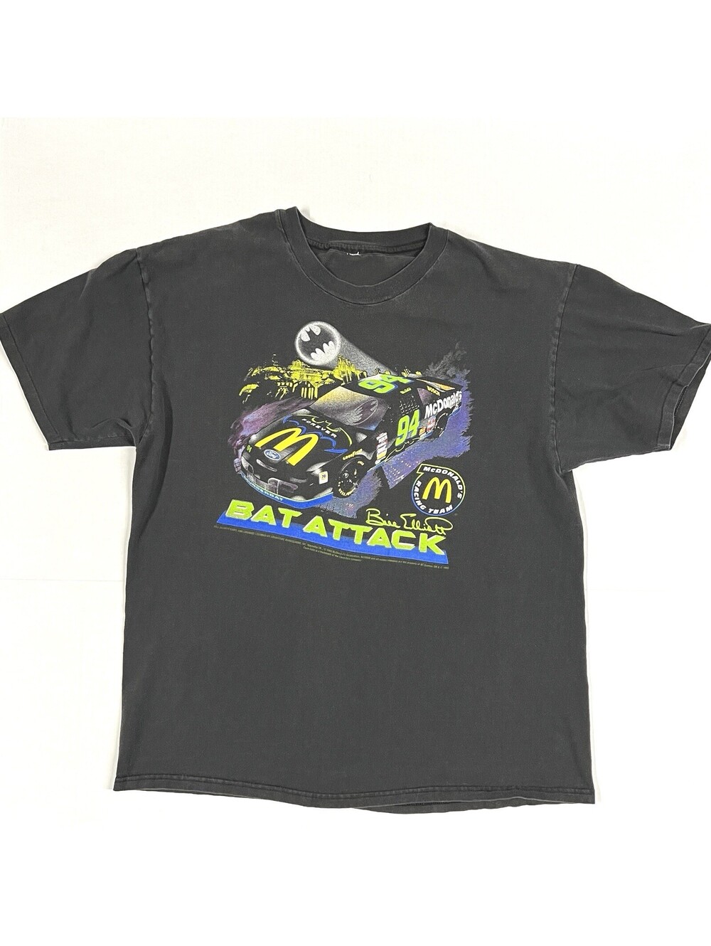 Vtg Nascar Bill Elliott Batman Forever Bat Attack XL Tee McDonald’s Hanes WORN